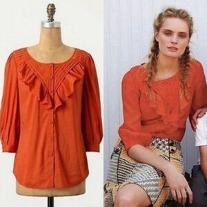 Anthropologie Maeve Nicoletta Red Orange Ruffle Blouse Top